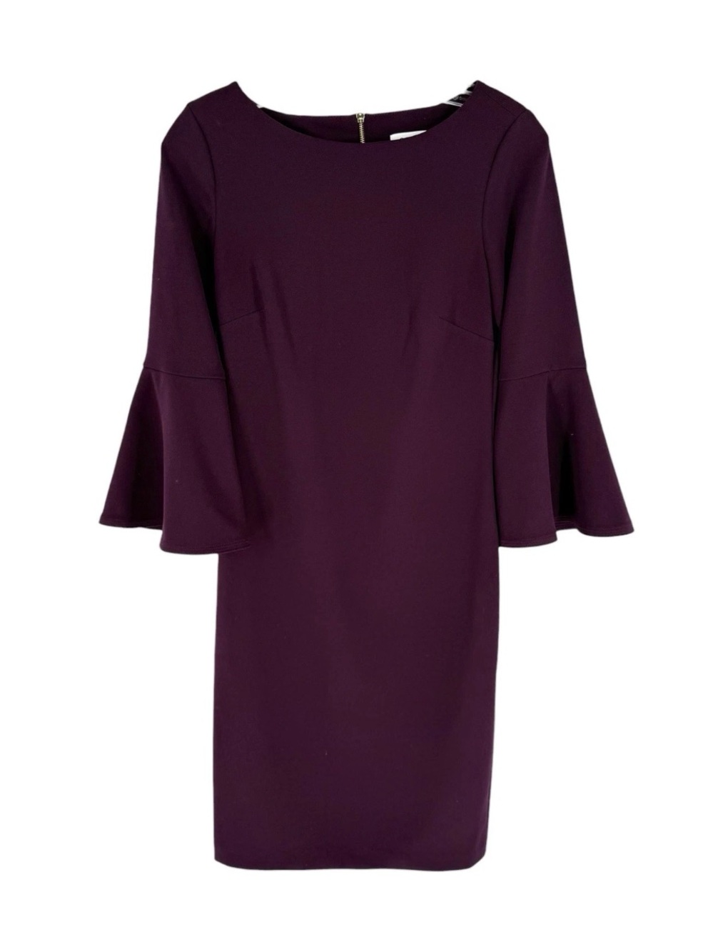 Calvin Klein Sheath Dress Womens Size 2 Purple Flare Sleeve Crepe Knit Classic